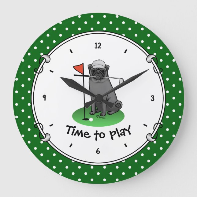 Golf Pug Playing Golf (black) Cute Dog Funny Large Clock (Front)