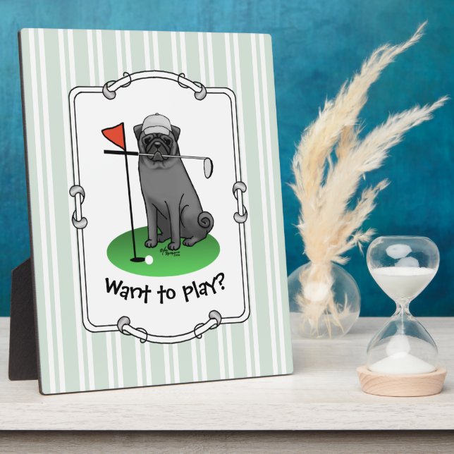 Golf Pug Playing Golf (black) Cute Dog Funny Plaque (Side)