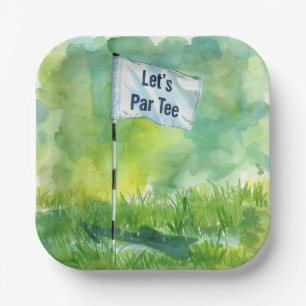 Golf putting green with flag let par tee paper plate