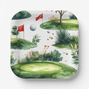 Golf Putting Green with red flag Paper Plate
