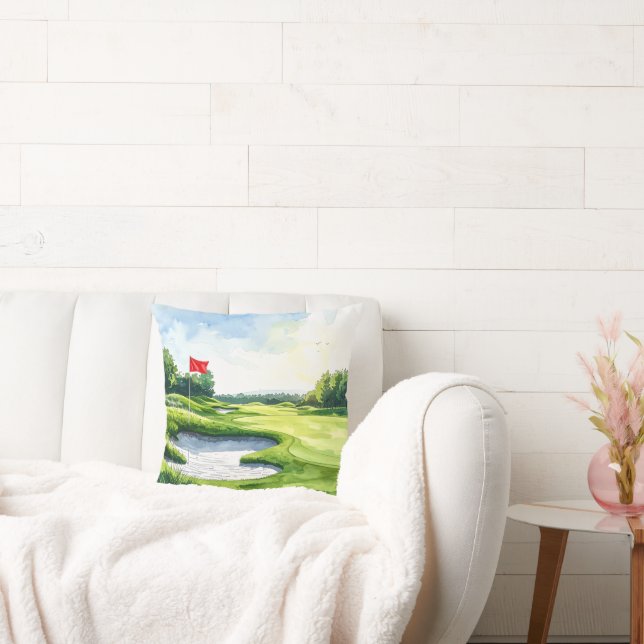 Golf Putting Green with red flag  Throw Pillow (Couch)