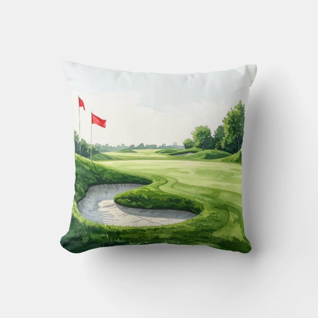Golf Putting Green with red flag  Throw Pillow (Front)