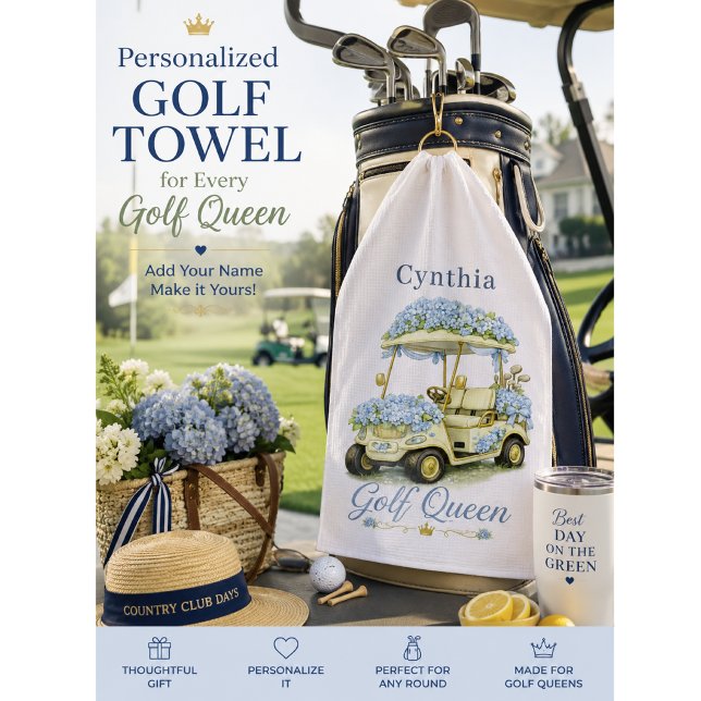 Golf Queen Hydrangea Personalized Name Golf Towel (Elegant personalized golf towel gift for women, tournaments, birthdays, prizes & country clubs.)