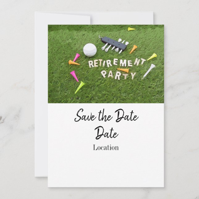 Golf retirement save the date with colourful tees invitation (Front)