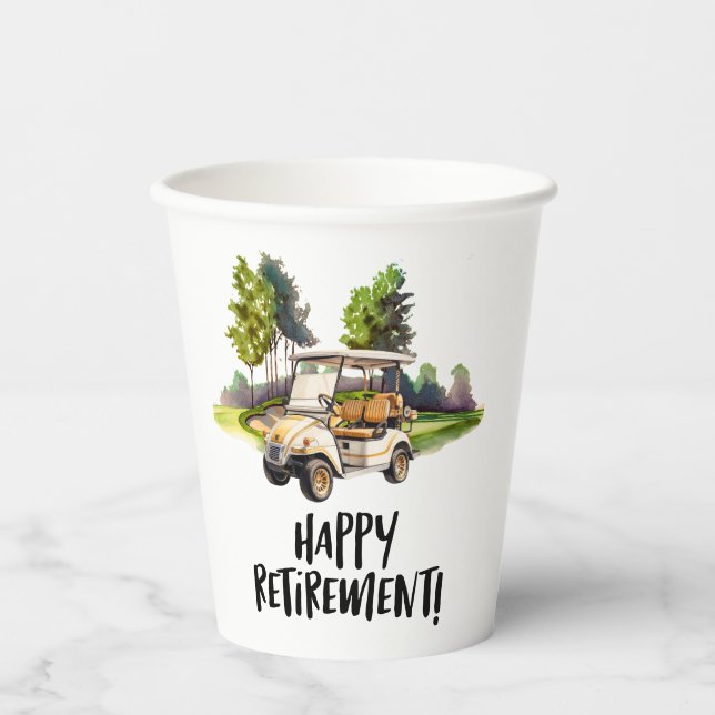 Golf Retirement with cart on green watercolor Paper Cups (Front)