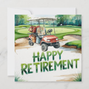 Golf retirement with golf cart on putting green  card
