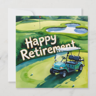 Golf retirement with golf cart on putting green card