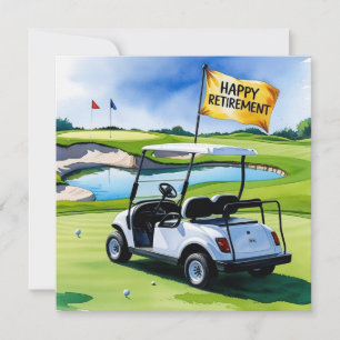Golf retirement with golf cart on putting green  card
