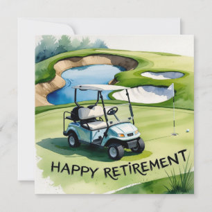 Golf retirement with golf cart on putting green  card