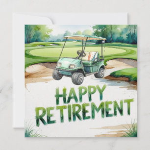 Golf retirement with golf cart on putting green  card