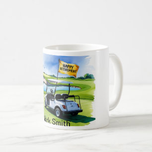 Golf retirement with golf cart on putting green coffee mug