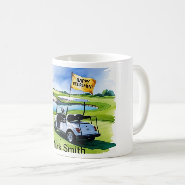 Golf retirement with golf cart on putting green  coffee mug (Front Right)