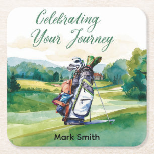 Golf Retirement with golf themed  Square Paper Coaster