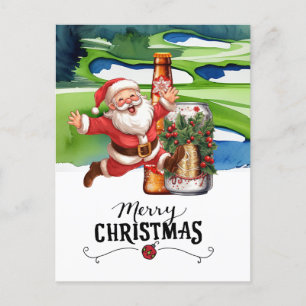 Golf Santa and Beer for Christmas Funny  Holiday Postcard