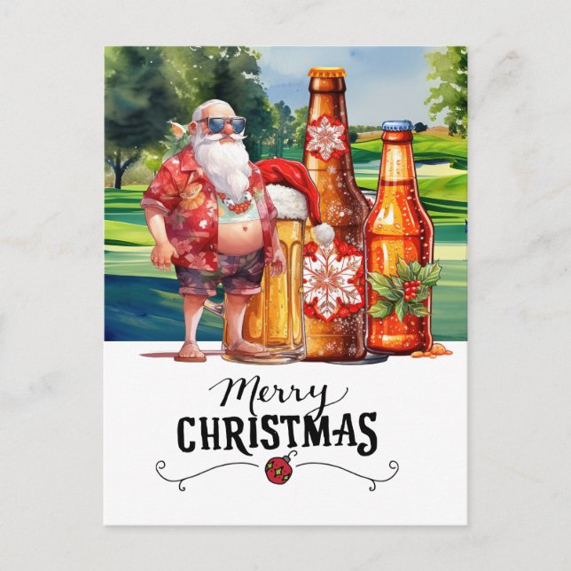 Golf Santa and Beer for Christmas Funny Summer Holiday Postcard (Front)