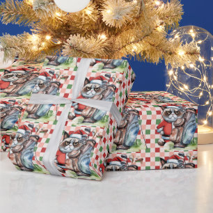 Golf Santa Cat with Bag Christmas Background Wrapping Paper