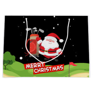 Golf Santa Claus golfer Merry Christmas on Green   Large Gift Bag
