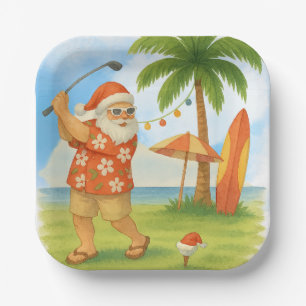Golf Santa Claus golfing Christmas Summer Themed Paper Plate