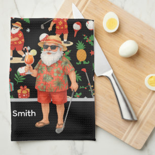 Golf Santa Claus golfing Summer Hawaiian themed Kitchen Towel