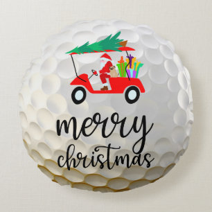 Golf Santa Claus ride red cart Christmas Tree Round Pillow