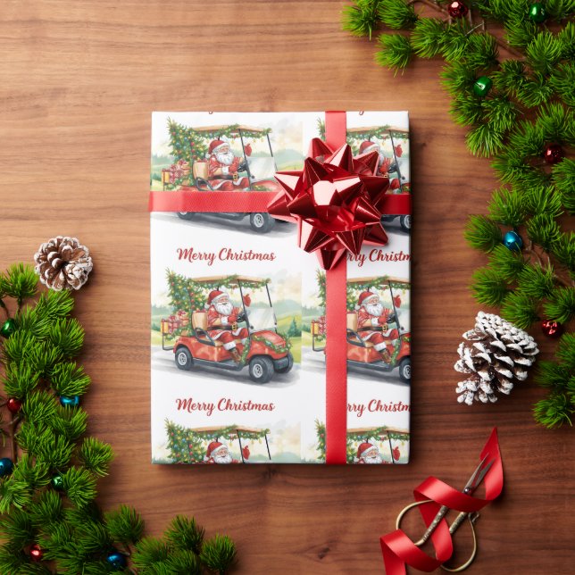 Golf Santa Claus ride red cart Christmas Tree  Wrapping Paper (Holiday Gift)