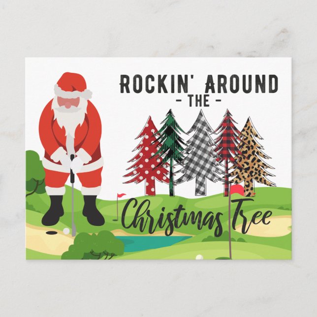 Golf Santa Claus rocking around the Christmas Tree Postcard (Front)