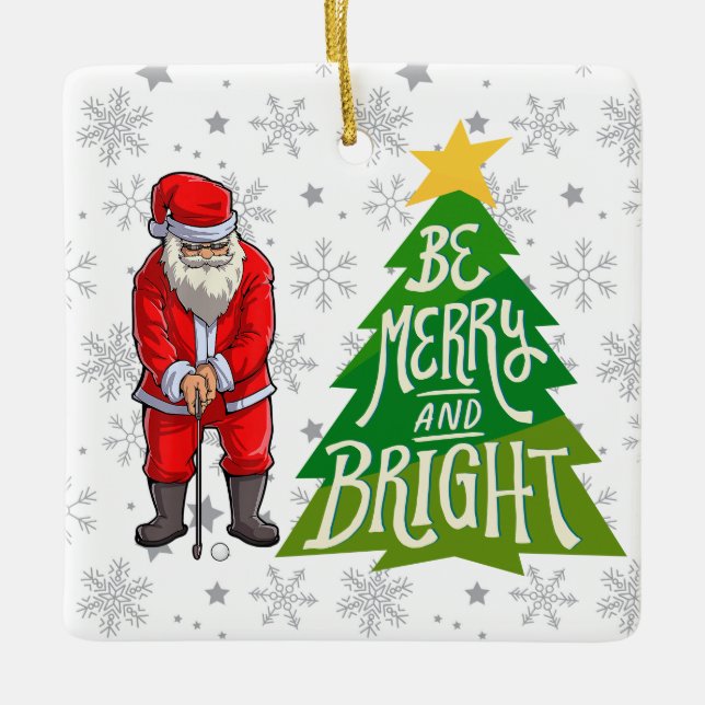 Golf  Santa Claus with Christmas Tree for Golfer  Ceramic Ornament (Front)
