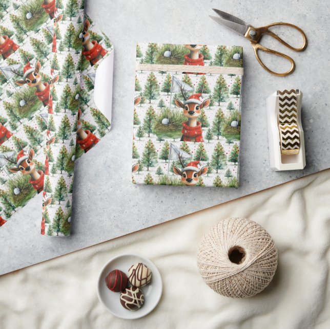 Golf Santa Deer at Golf Flag Christmas Background Wrapping Paper (Crafts)
