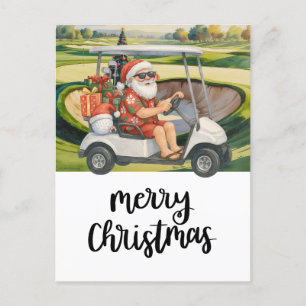 Golf Santa driving golf cart near Bunker Christmas Holiday Postcard