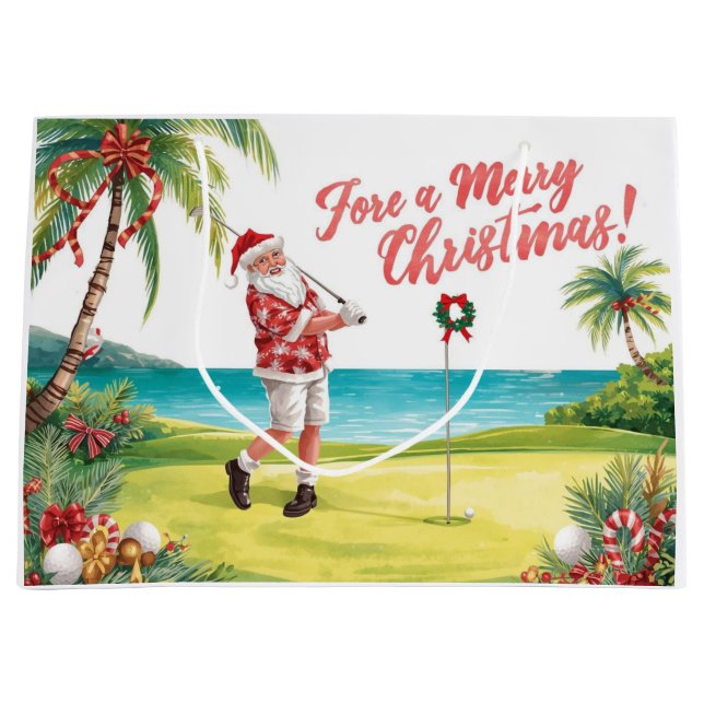 Golf Santa Golfer fore a merry christmas Large Gift Bag (Front)