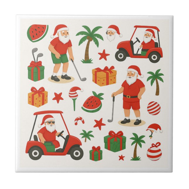 Golf Santa Golfing for Christmas Summer July  Tile (Front)
