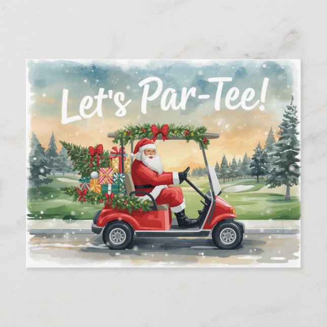 Golf Santa in Red Cart – Funny Let Par-Tee  Postcard (Front)