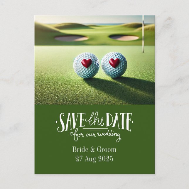 Golf save the date for wedding bride groom  postcard (Front)