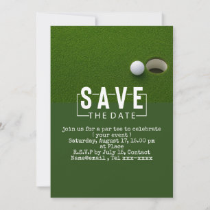 Golf save the date  golf ball putting hole in one invitation