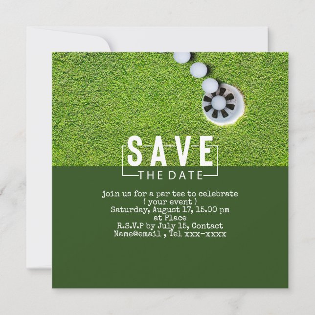 Golf save the date  golf ball putting hole in one invitation (Front)