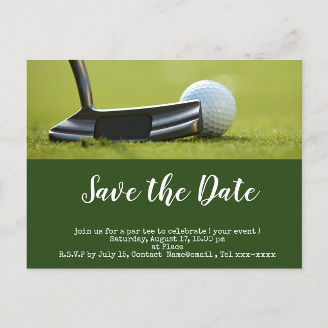 Golf save the date  golf ball putting hole in one postcard (Front)
