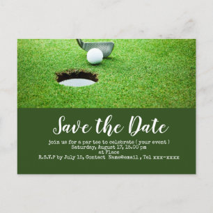 Golf save the date  golf ball putting hole in one postcard