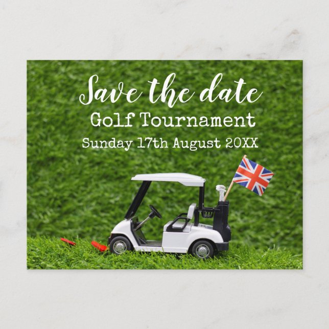 Golf Save the date Golf Tournament Union Jack Flag Announcement Postcard (Front)