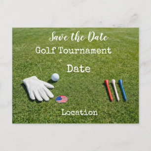 Golf Save the Date with golf ball & American flag  Postcard