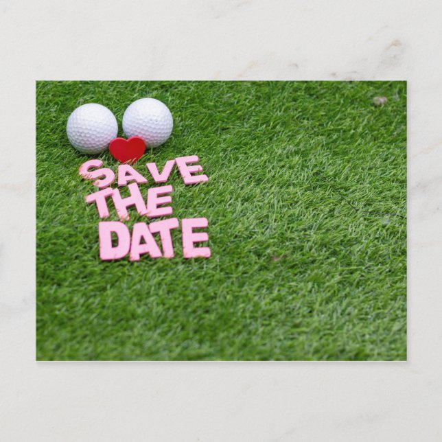 Golf save the date with golf ball and heart invitation postcard (Front)