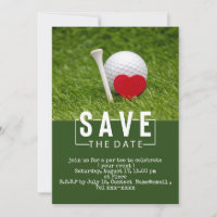 Golf save the date with golf ball and red heart