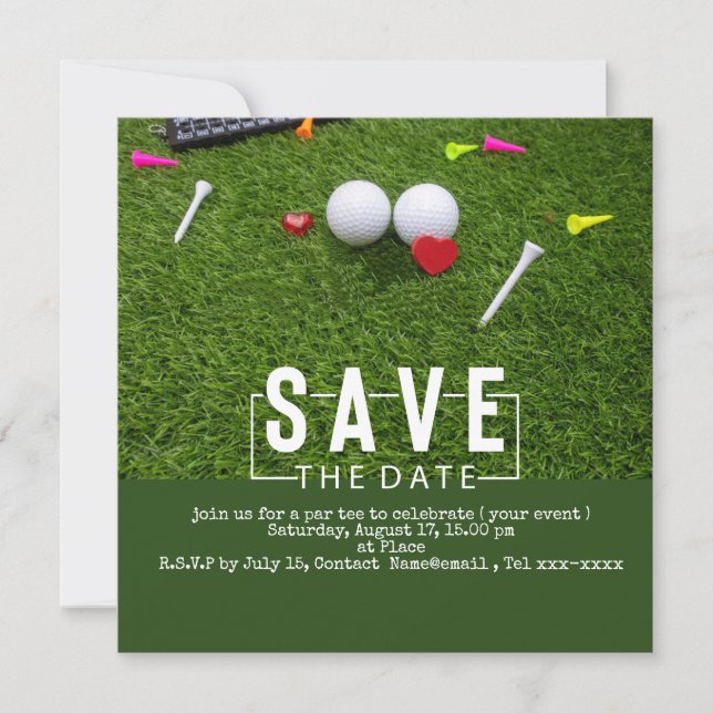 Golf save the date with golf ball and red heart invitation (Front)