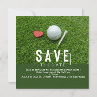 Golf save the date with golf ball and red heart