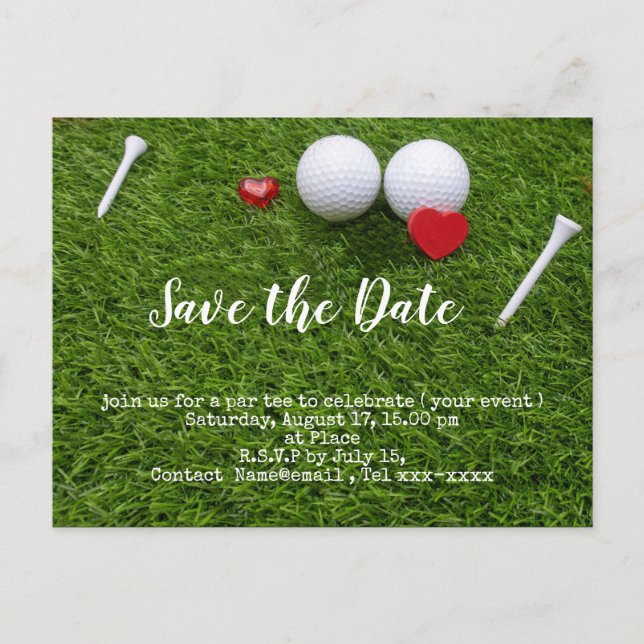 Golf save the date with golf ball and tees postcard (Front)
