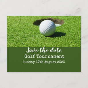 Golf Save the date with golf ball on green Announcement Postcard
