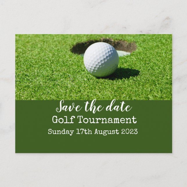 Golf Save the date with golf ball on green Announcement Postcard (Front)