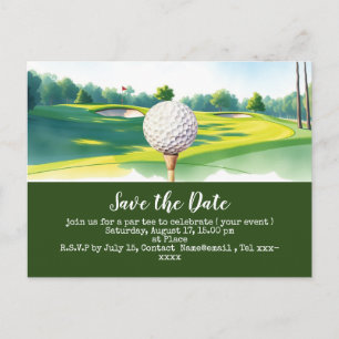 Golf save the date with golf ball  on green grass postcard