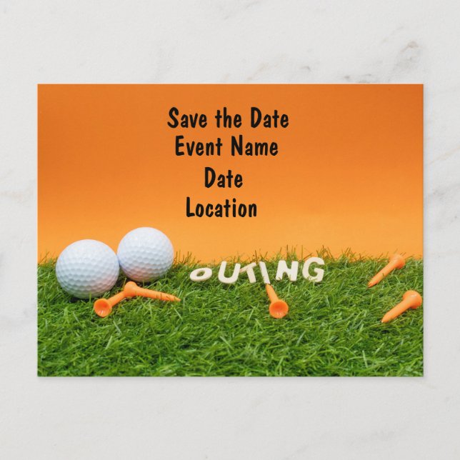 Golf save the date with golf ball on Orange Postcard (Front)