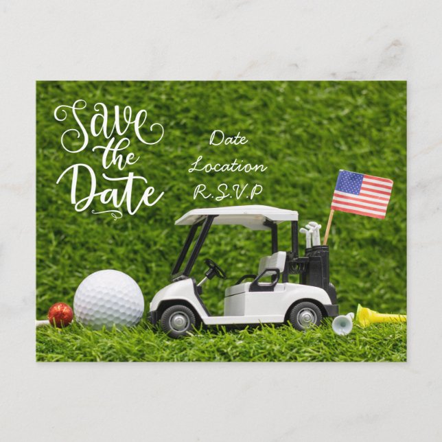 Golf save the date with golf cart and Flag of USA  Postcard (Front)