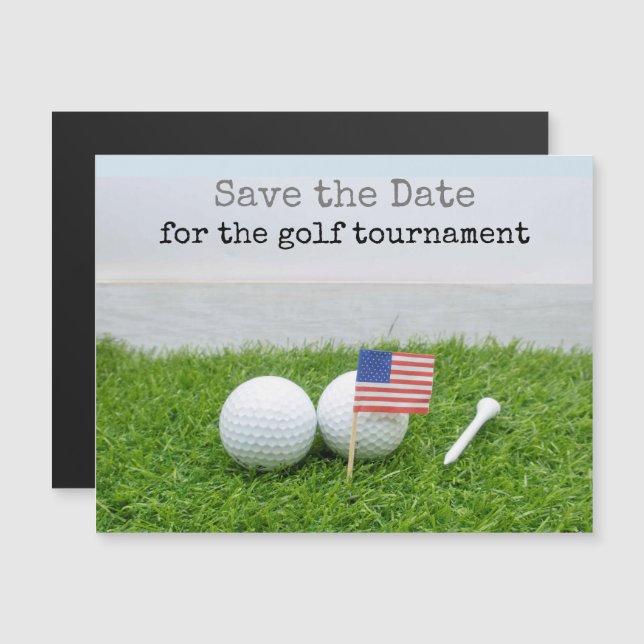 Golf save the date with U.S.A. flag and golf balls (Front/Back)